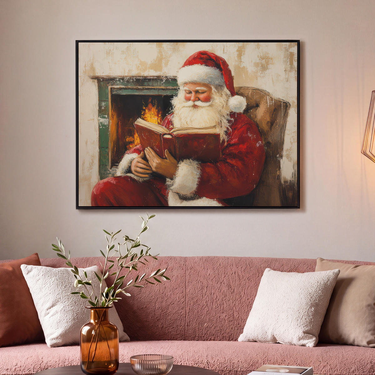 LEINWAND Bilder mit Rahmen - Weihnachten - Weihnachtsmann - Winter - Open Fireside - 100x70 - Dunkelrot, Textil (100/70cm) - MuchoWow