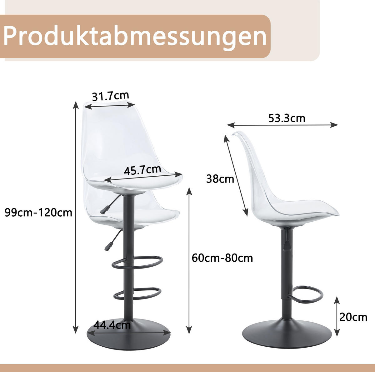 BARHOCKER 2er-Set höhenverstellbar 60-80 cm drehbar Schwarz Transparent - Schwarz, Metall (53.3/120/45.7cm) - Meubliv