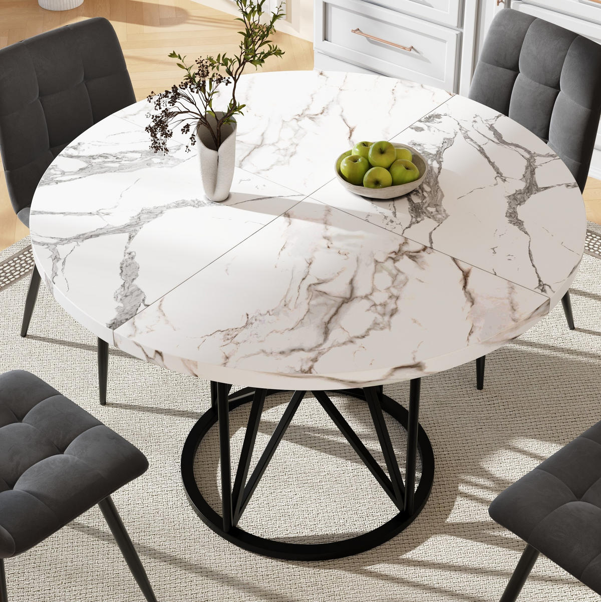 ESSTISCH 100x100x76 cm in Weiß und Gold aus MDF mit Marmoroptik auf schwarzem Metallgestell - Schwarz, Holzwerkstoff (100/100/76cm) - Modfu