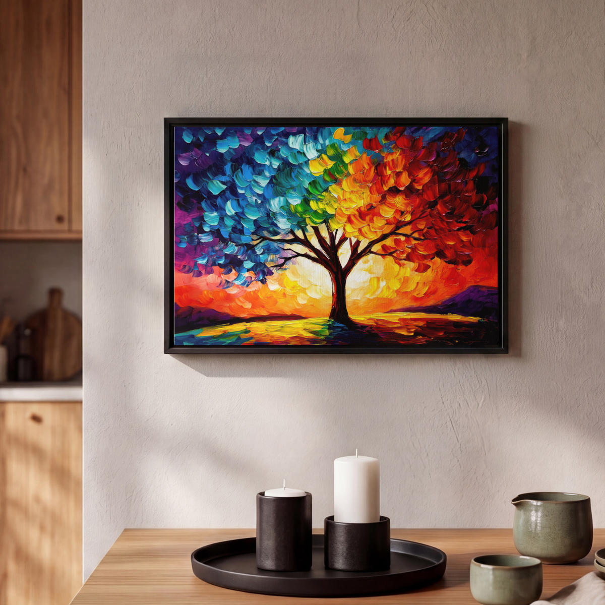LEINWAND Bilder mit Rahmen - Baum - Kunst - Natur - Sonnenuntergang - 30x20 - Multicolor, Textil (30/20cm) - MuchoWow