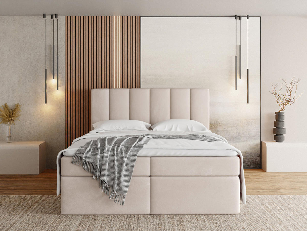 BOXBETT Amira mit Bettkasten, Samt Beige 180/200 cm – 7-Zonen Taschenfederkern-Matratze & Komfortschaum-Topper - Ecru/Beige, Holz/Holzwerkstoff (180/200cm) - WFL GROUP