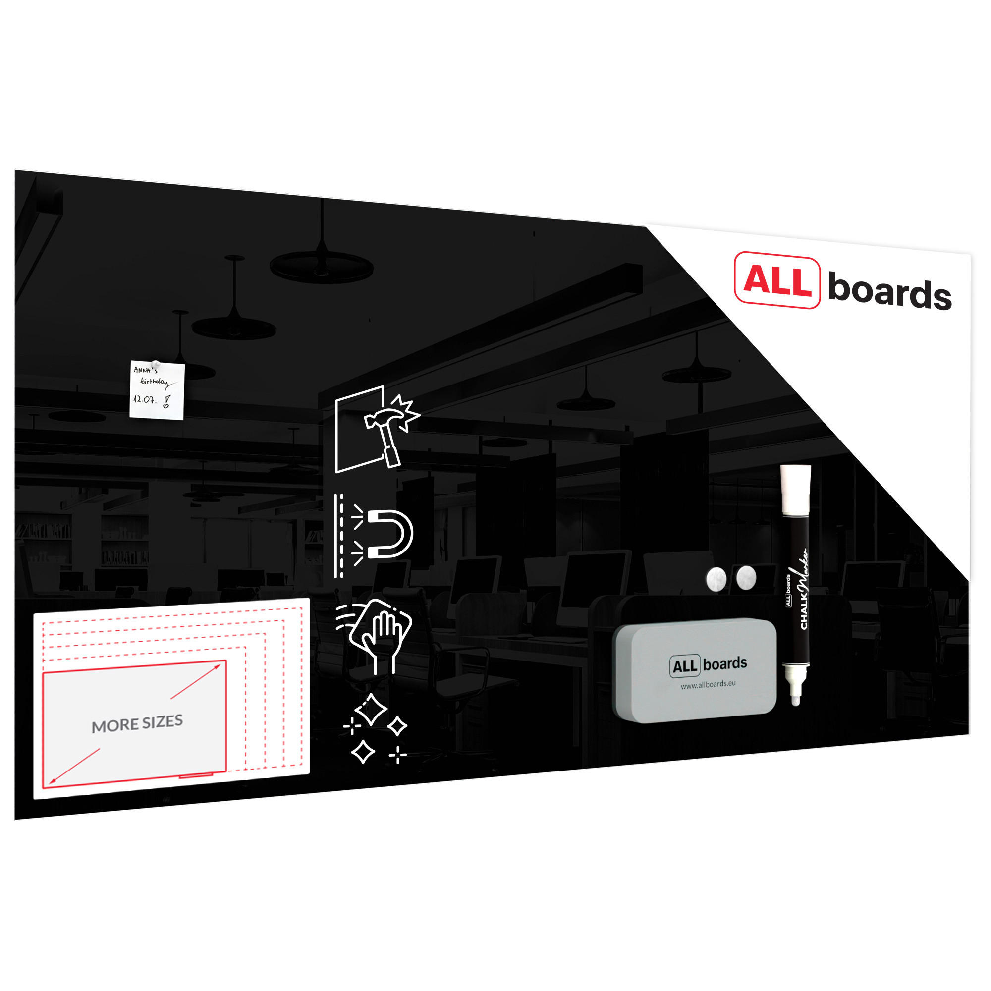 GLASBOARD - Schwarz 200x100cm + GRATIS - Schwarz, Glas (200/100/0.7cm) - ALLboards