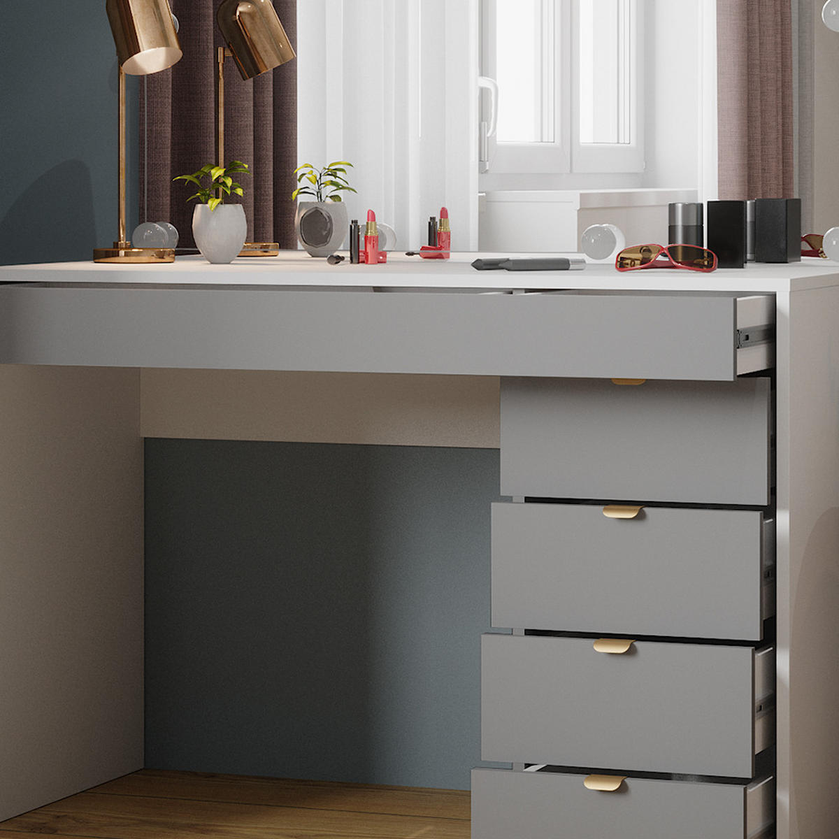 SCHMINKTISCH Elise Weiß/Grau/Grau 115 cm mit LED Beleuchtung - Weiß/Grau, Holzwerkstoff (115/76/55cm) - Vicco