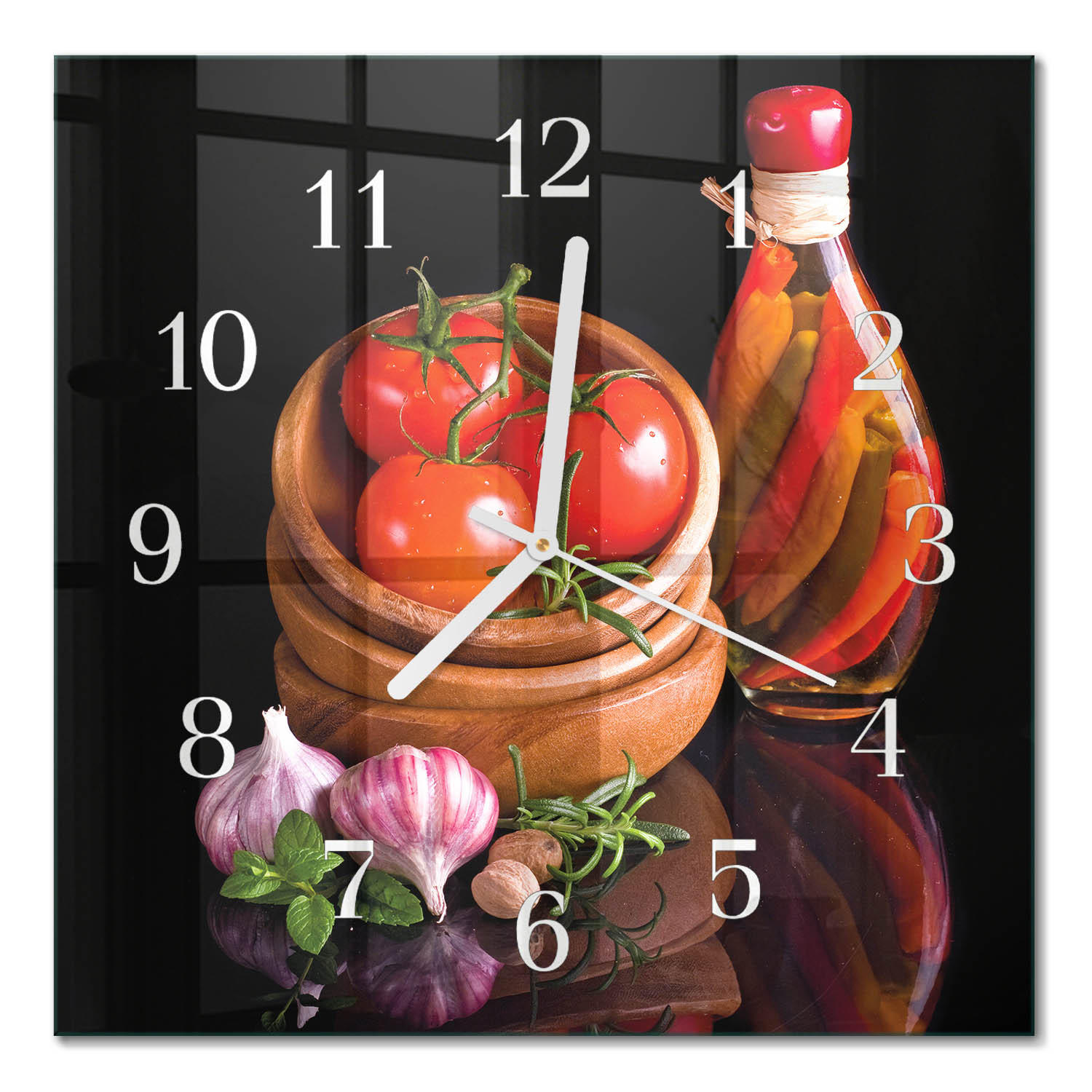 WANDUHR 30x30 cm - Tomaten und Knoblauch - Rot, Glas (30/30/0.4cm) - TULUP