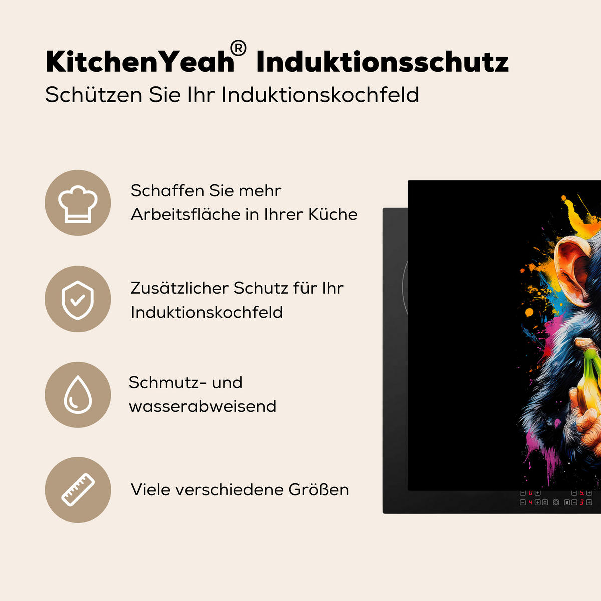 HERDABDECKPLATTE Affe - Graffiti - Farbenfroh - Bananen - Modern 83x51 cm - Gelb, Kunststoff (83/0.2/51.5cm) - MuchoWow