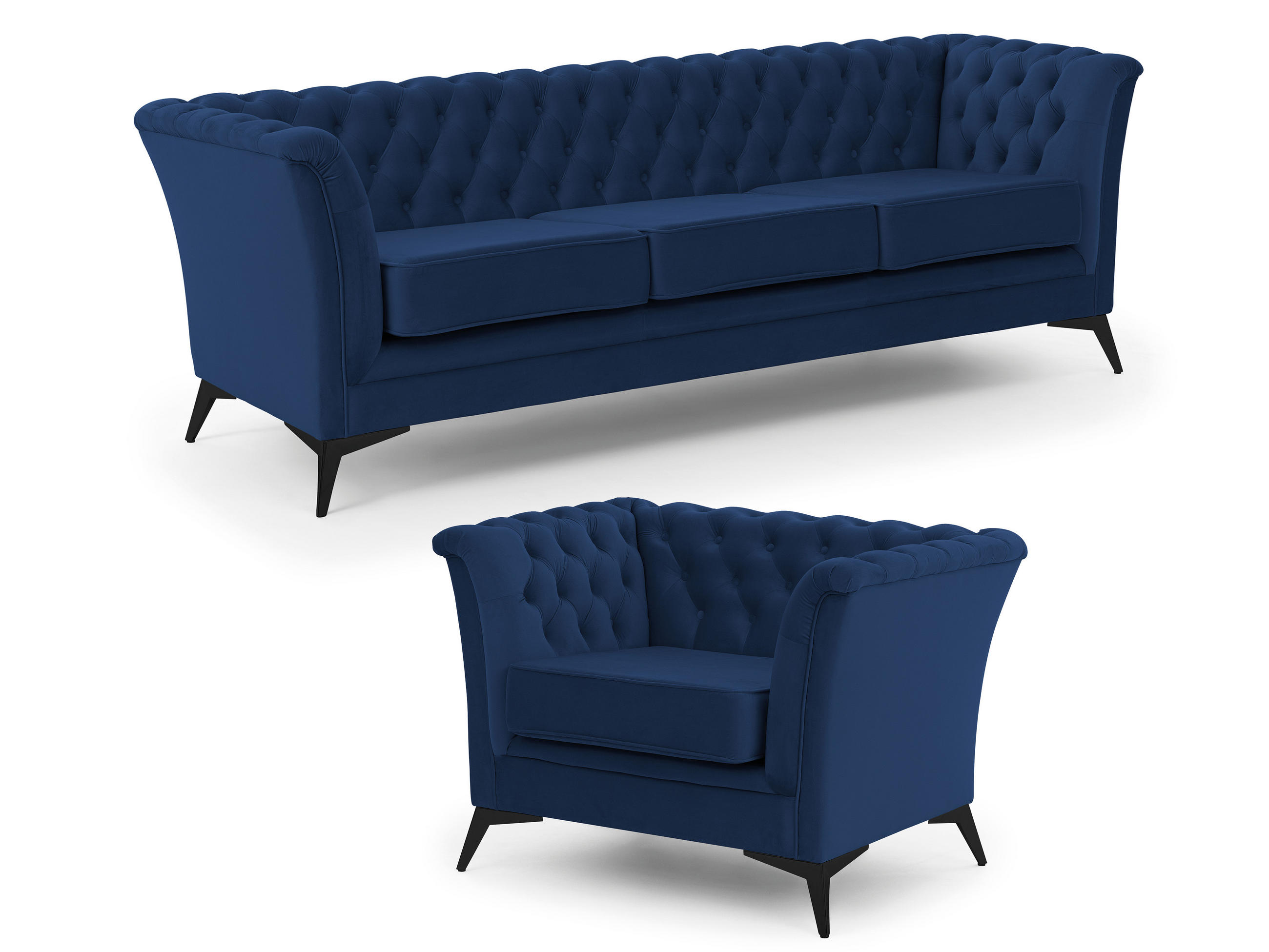 SITZGARNITUR 3+1 Chesterfield Whitby Marineblau Samt mit schwarzen Füßen - Blau/Schwarz, Holz/Textil (237/78/82cm) - S-Style Möbel