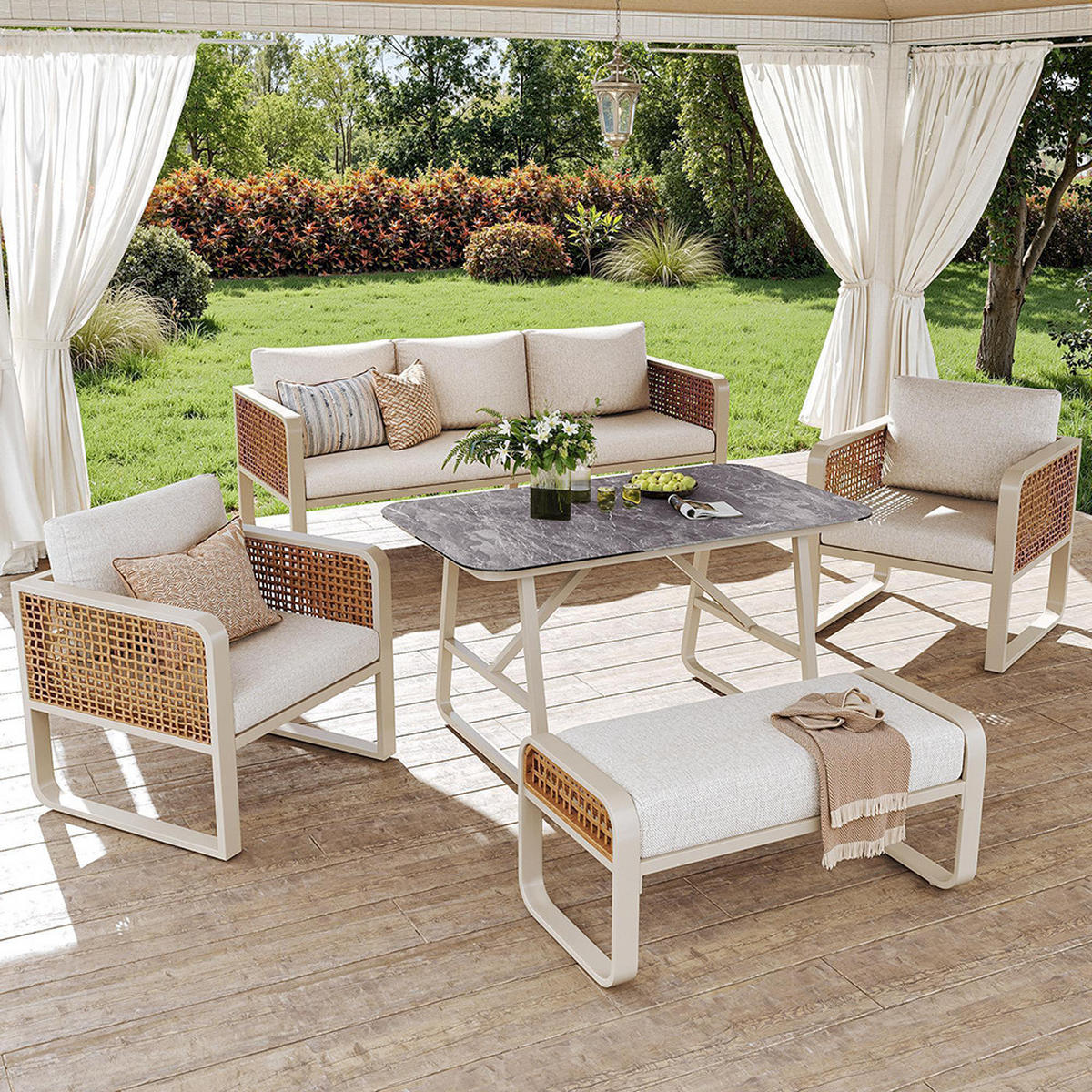 GARTENMÖBELSET für 6-7 Personen,PE-Rattan Sitzgruppe in Beige - Beige, Metall