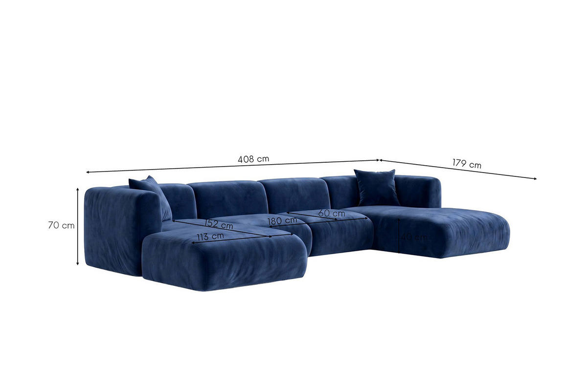 ECKSOFA U-Form, Velvet-Stoff Bluvel, Tintenblau, GRETA - Blau, Holz (408/70/179cm) - Kaiser Möbel