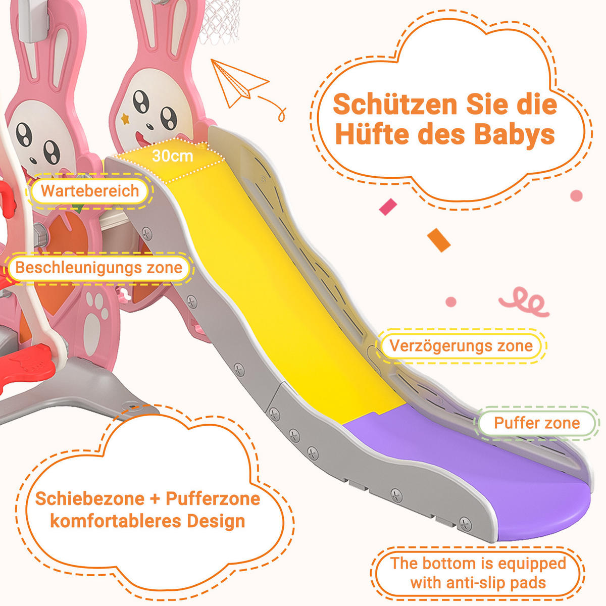 4-IN-1 RUTSCHBAHN Kinder Kaninchen Rosa Mit Schaukel & Basketball - Rosa, Holz (153/118/170cm)
