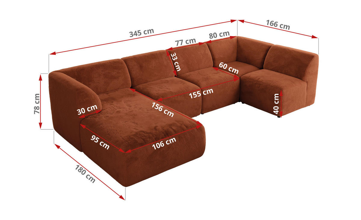 WOHNLANDSCHAFT MODARO U 5M - Orange Plüsch - Rechts - Schwarz/Orange, Textil (345/78/180cm) - MKS