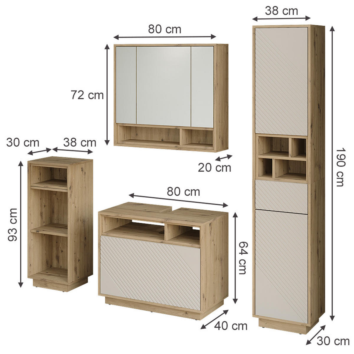 SADA KÚPEĽŇOVÉHO NÁBYTKU Beatrice, Kašmír/Remeselný dub, Sada 4 ks - kašmírová/dub artisan, kompozitné drevo (80/64/40cm) - Vicco