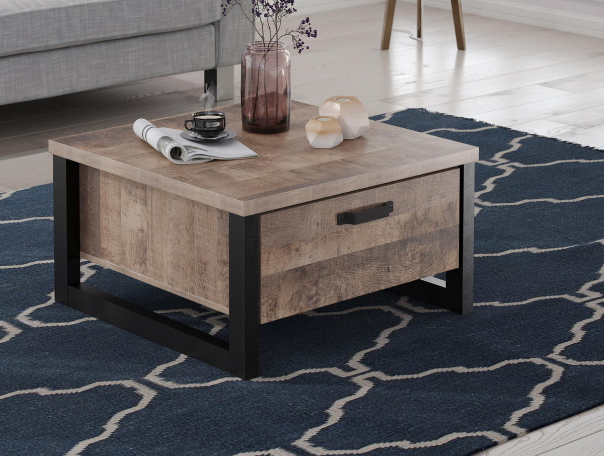 COUCHTISCH Eiche Tabak, schwarz 80 x 80 cm quadratisch, Beistelltisch mit 2x Schubkasten - Eichefarben/Schwarz, Holzwerkstoff/Kunststoff (80/80/45cm) - Top.Furn