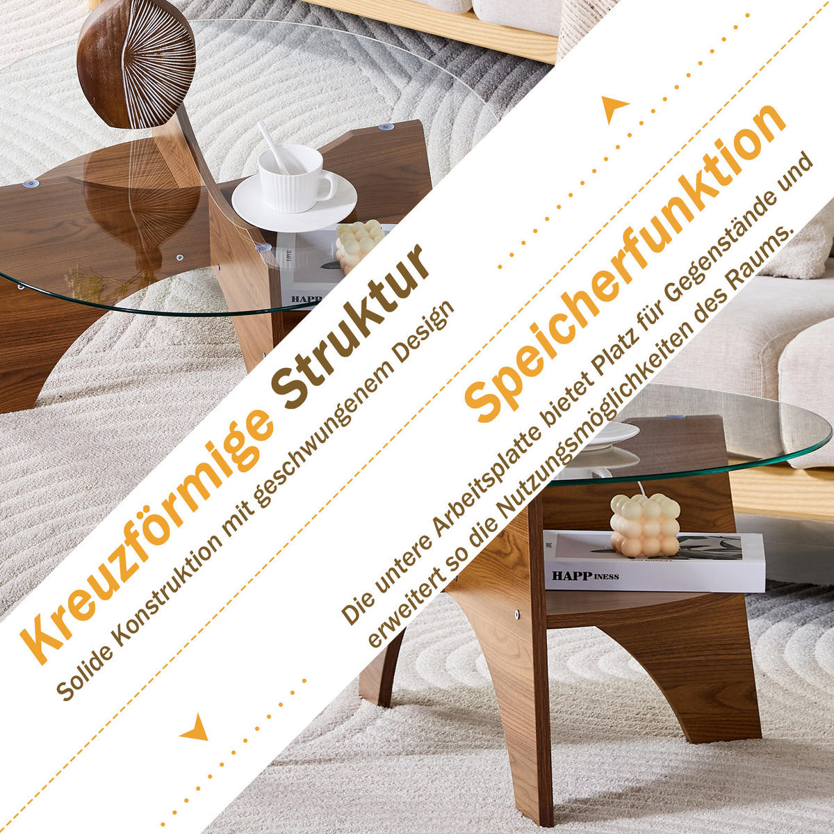 BEISTELLTISCH 80/36 cm Transparent/Walnuss aus Glas und MDF mit fächerförmigem Gestell - Walnussfarben, Holzwerkstoff (80/80/36cm) - OKMYHOME