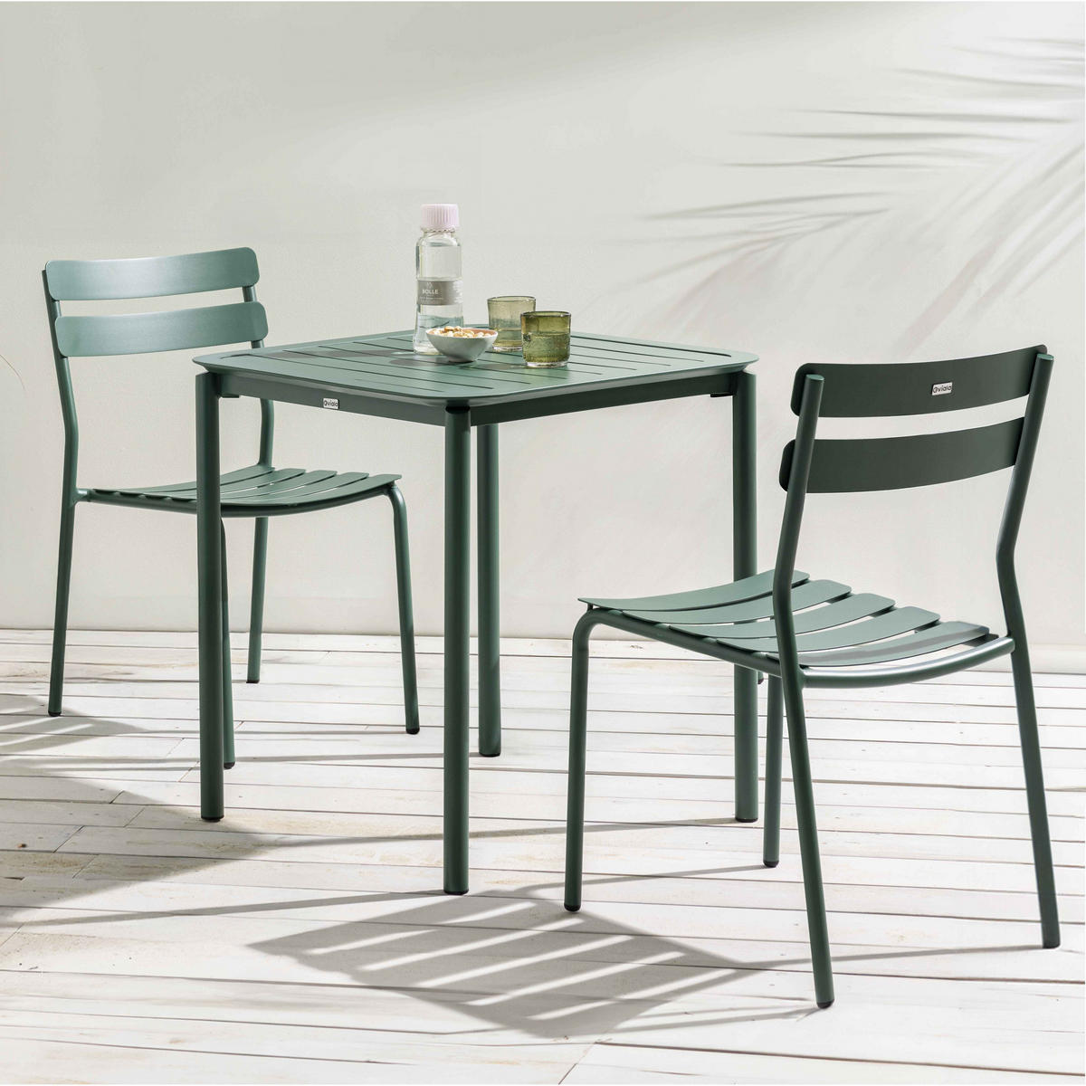 GARTENTISCH quadratisch (70 x 70cm) und 2 Stühle, Dunkelgrün - Grün, Metall - Oviala