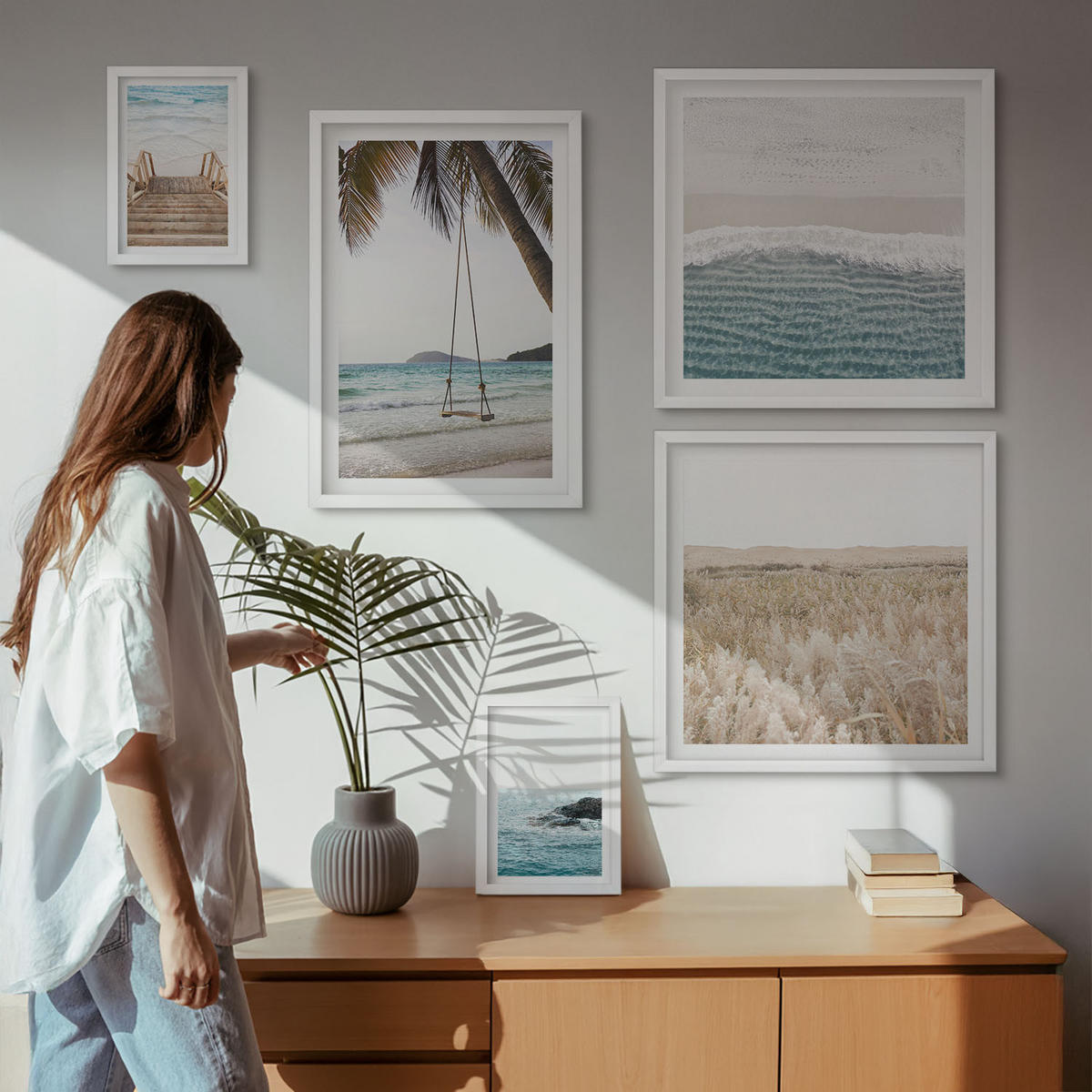 WANDBILDER 5er-Set - 50x50 cm & 20x30 cm & 40x60 cm Weißer Rahmen - Treppe, Strand, Meerblick, Schaukel - Weiß, Kunststoff (40/60cm) - ArtPrintCave