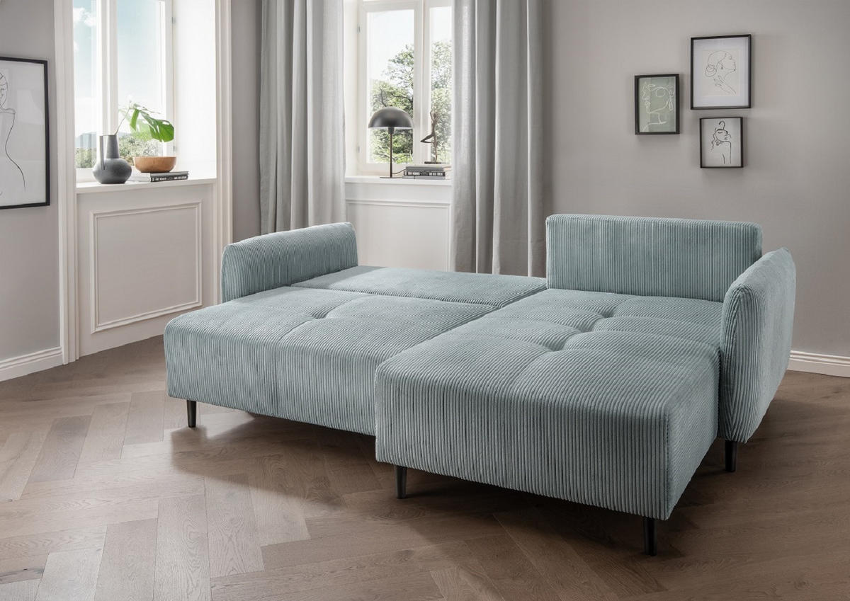 ECKSOFA mit Schlaffunktion und Bettkasten, Cord, beidseitig montierbar - Blau/Schwarz, Holz/Textil (238/174cm) - myHomelando