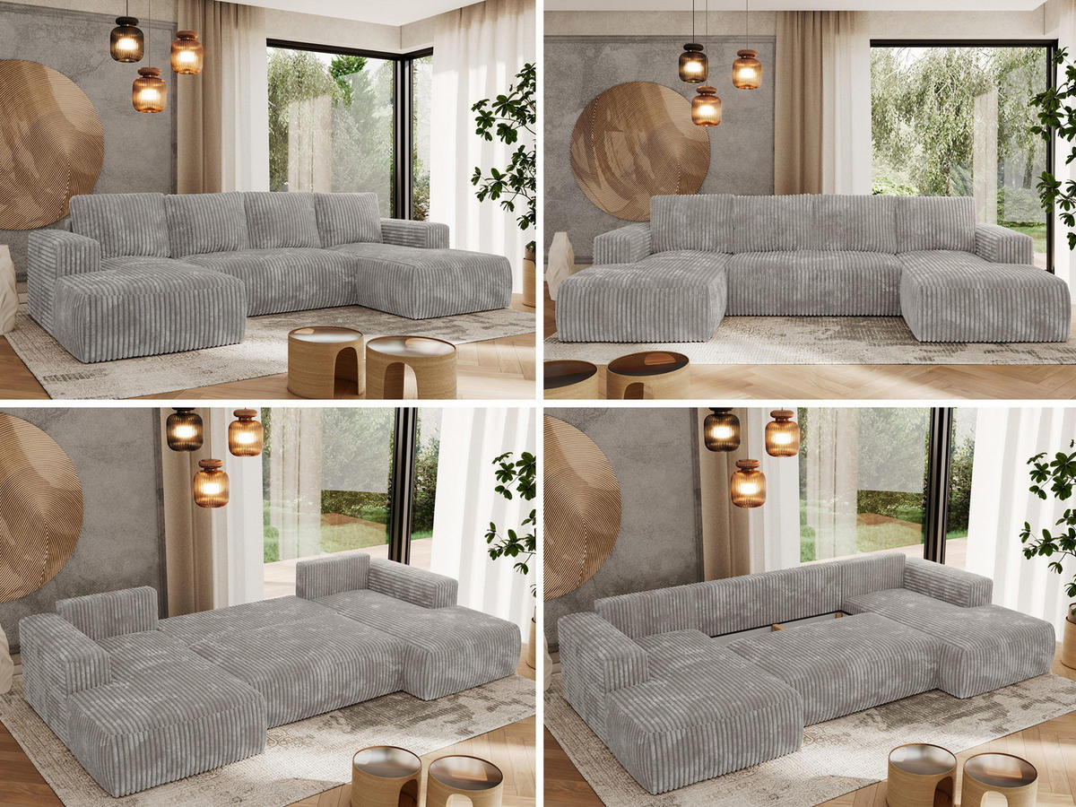 WOHNLANDSCHAFT TRENTINO U Hellgrau Cord - Hellgrau, Textil (334/91/163cm) - MKS