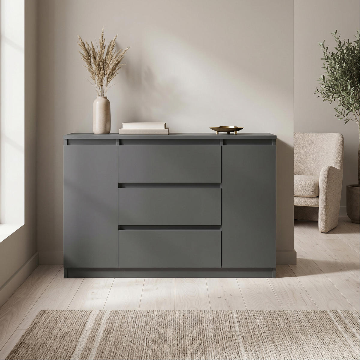 KOMMODE NUDO 120/78,5/39cm mit 3 Schubladen 2 Türen Anthrazit - Anthrazit, Holzwerkstoff (120/78.5/39cm) - MASSENO