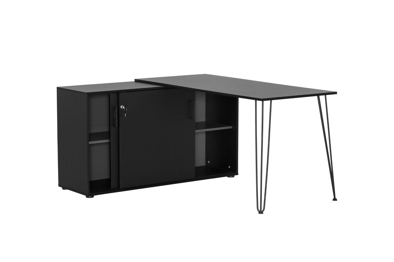 ECKSCHREIBTISCH Zebra 74x129,5x145 cm AKTENSCHRANK mit 2 Fächern & 2 abschließbare Schiebetüren Schwarz - Schwarz, Holz (145/129.5/74cm) - PROREGAL