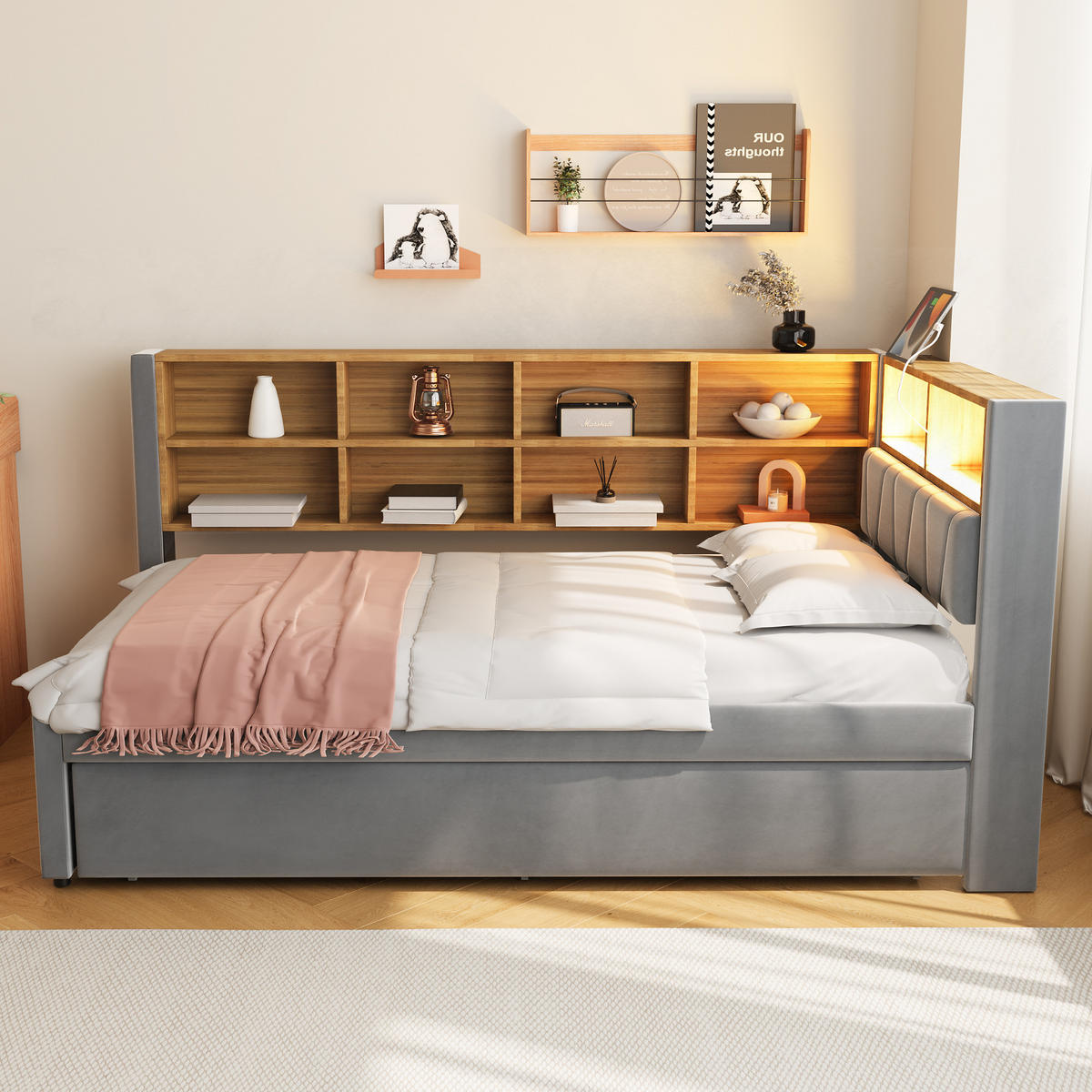 AUSZIEHBETT 90/200 cm und LED-Beleuchtung Dunkelgrau Flanell - Dunkelgrau, Textil (90/200cm) - OKWISH