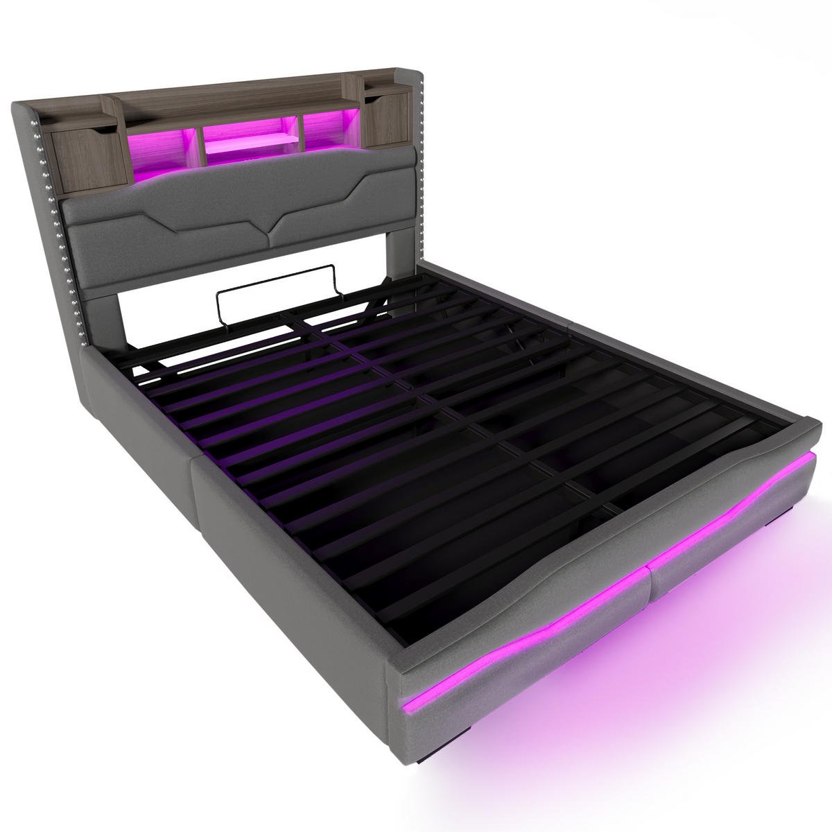POLSTERBETT 160/200 cm in Grau mit Bettkasten, LED und USB Leinen Design - Grau, Holzwerkstoff/Textil (160/200cm) - STILVORA