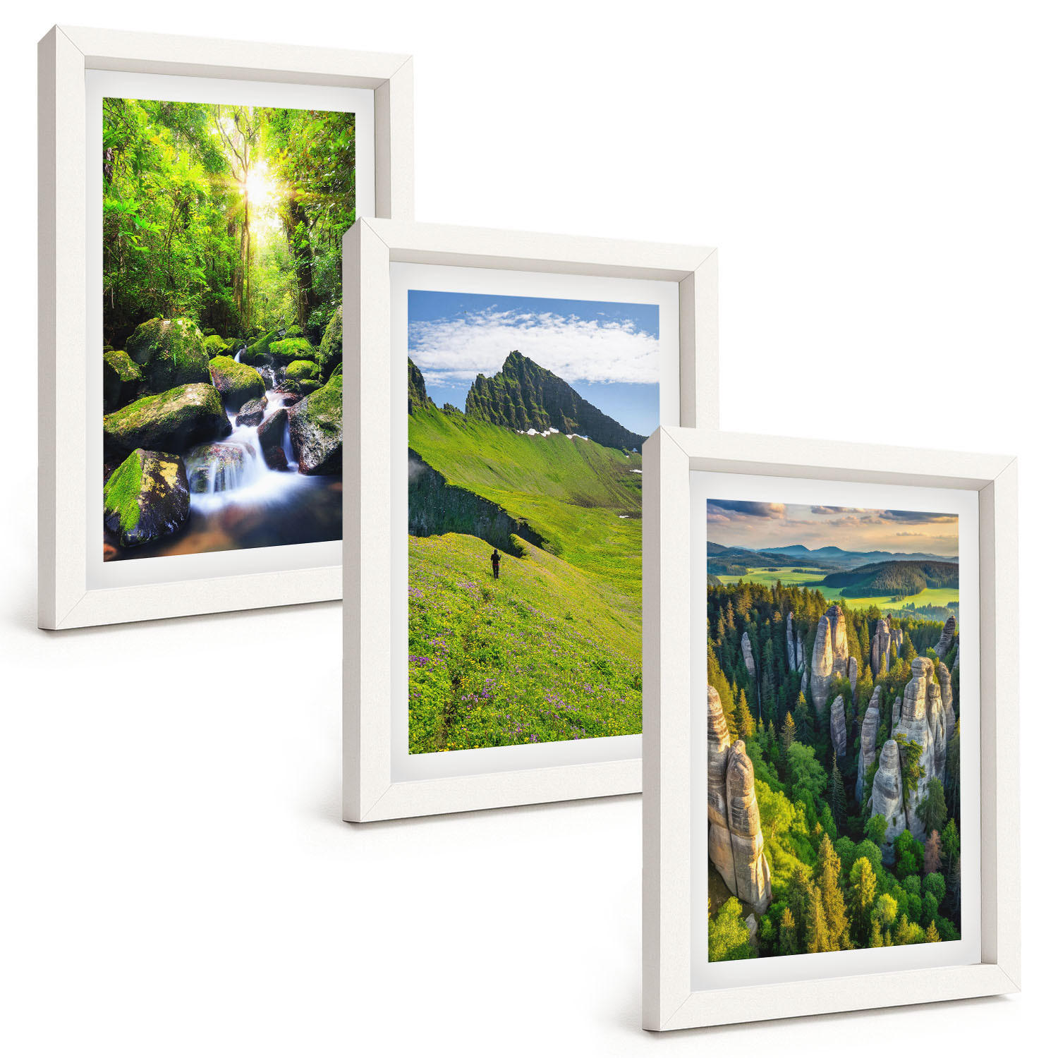 BILDER SET 3er Set - 20x30 cm Weißer Rahmen - Grüne Berge Wasserfallwald - Weiß, Kunststoff (20/30cm) - TULUP