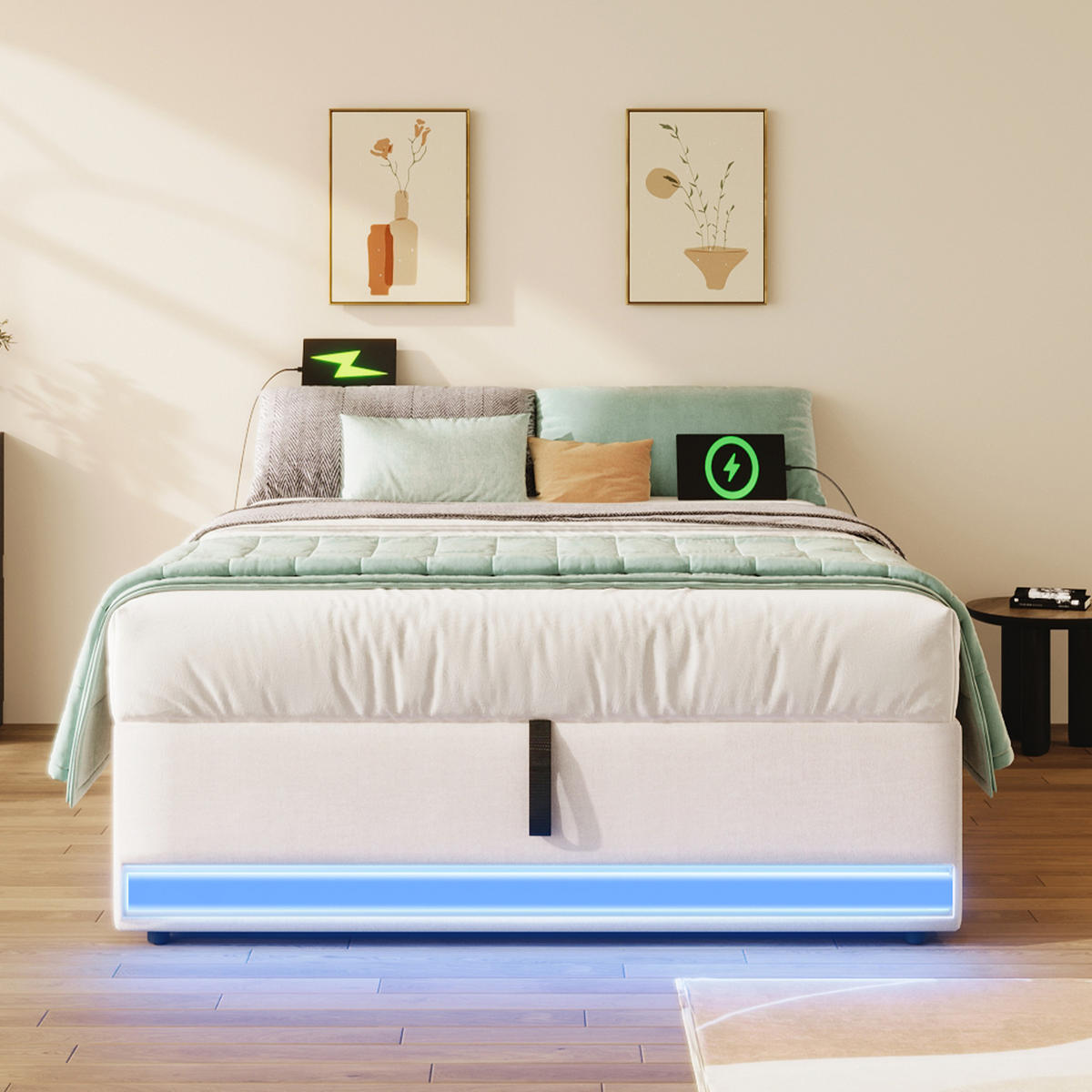 POLSTERBETT 90/200 cm Beige mit LED-Beleuchtung und USB- sowie Typ-C-Anschlüssen - Beige, Textil (90/200cm) - OKWISH