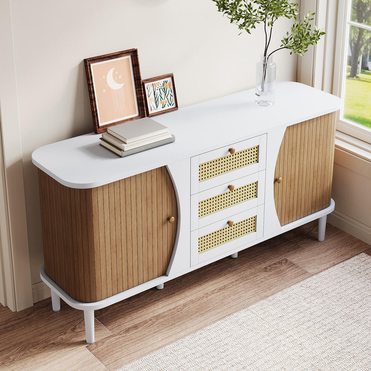 SIDEBOARD 140,5/40/76 cm mit 2 Türen & 3 Rattanschubladen in Weiß/Holzfarbe - Weiß, Holzwerkstoff (140.5/76/40cm) - BEAOK
