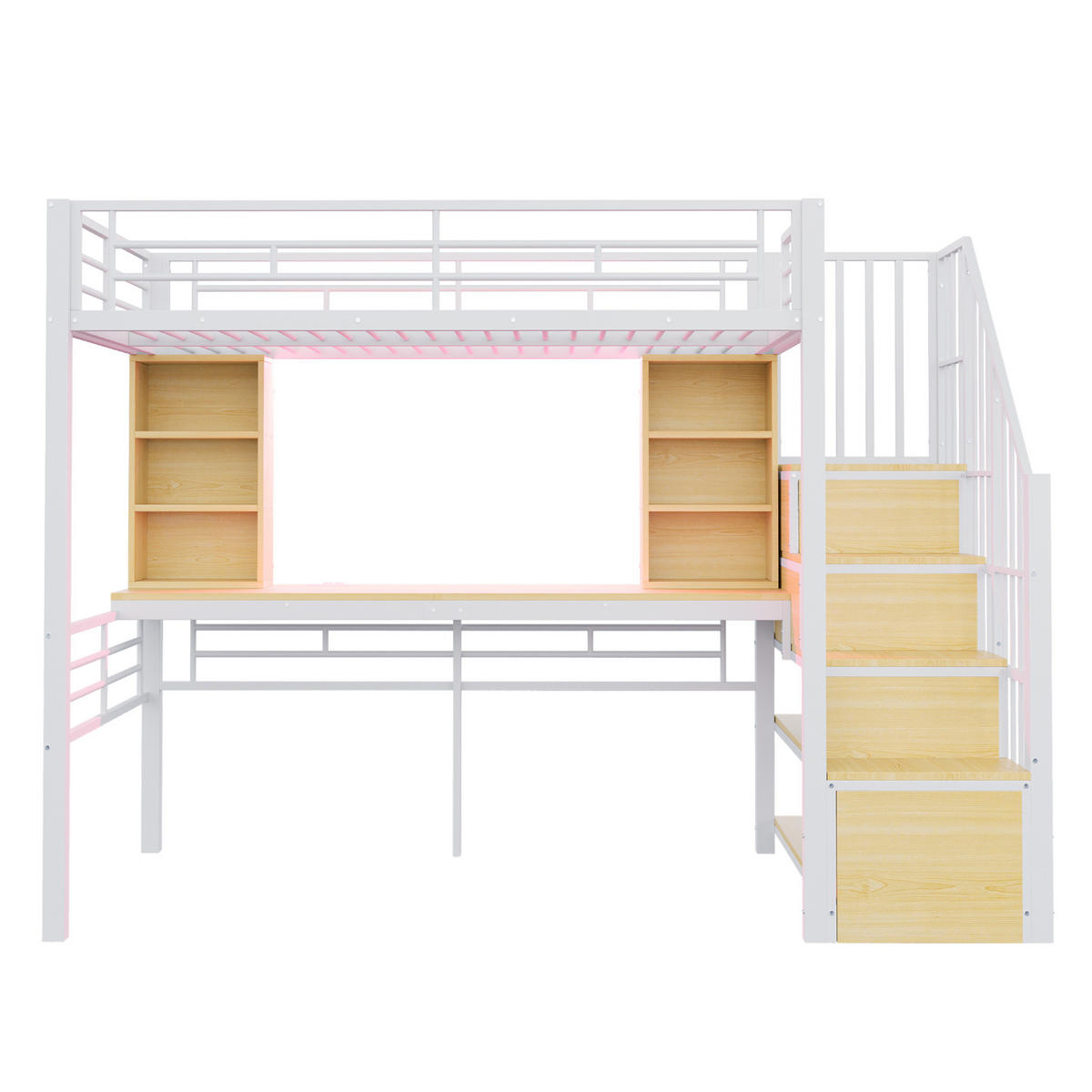 HOCHBETT 90/200 cm, Weiß mit Schreibtisch, LED und Stauraumtreppe - Weiß, Metall (90/200cm) - MIVRAY