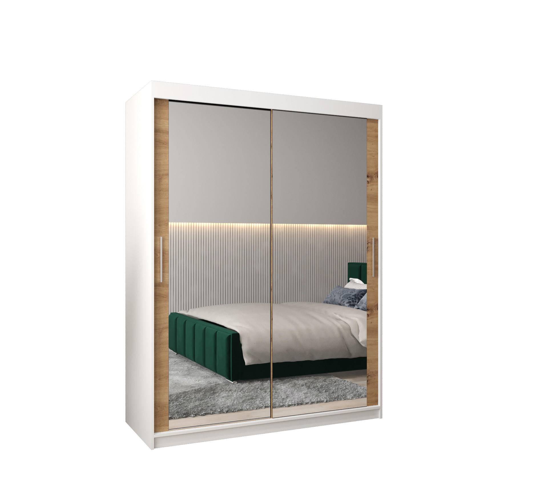 SCHWEBETÜRENSCHRANK 200/150/62 2-türig - Silberfarben/Weiß, Holz/Kunststoff (150/200/62cm) - Abiks Möbel