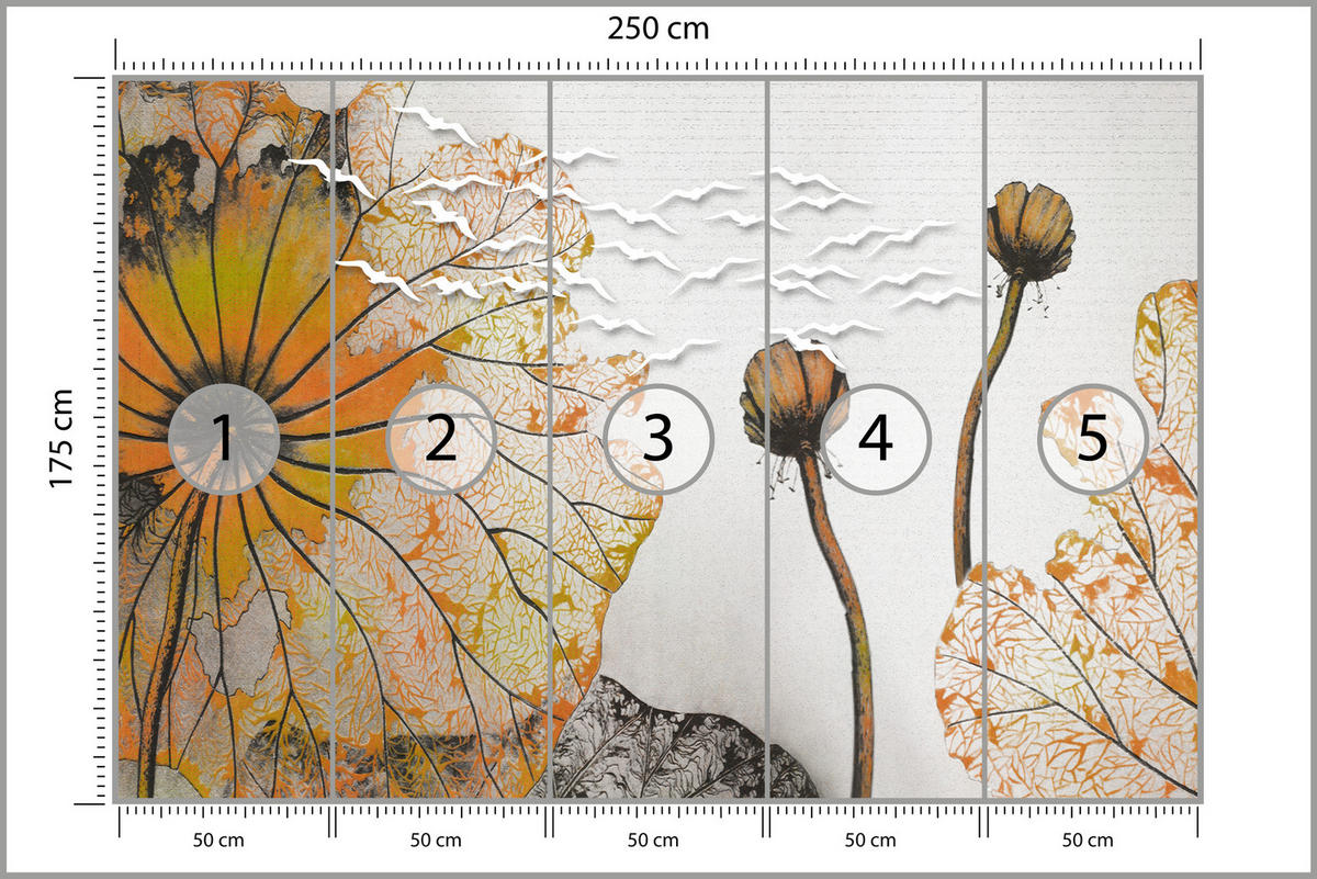 FOTOTAPETE für Esszimmer Große Abstrakte Orange Blumen Blätter 250x175 - Gelb/Orange, Papier (250/175cm) - Muralo
