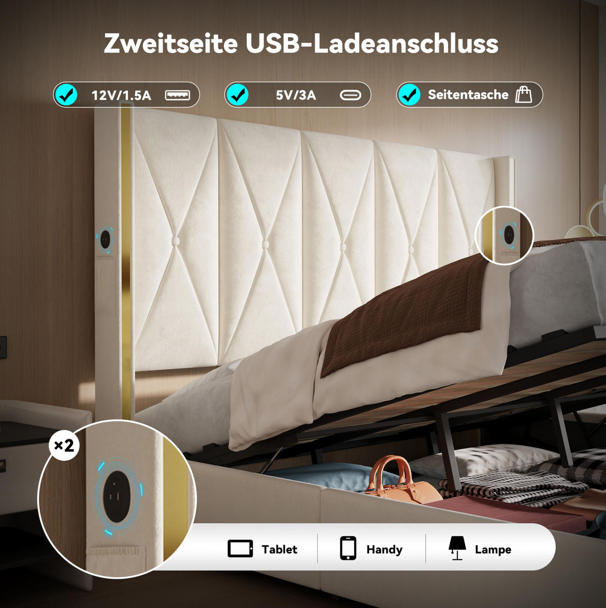 POLSTERBETT 180/200 cm in Beige aus Samt mit Stauraum und LED-Beleuchtung - Beige, Textil (180/200cm) - Flora Grace