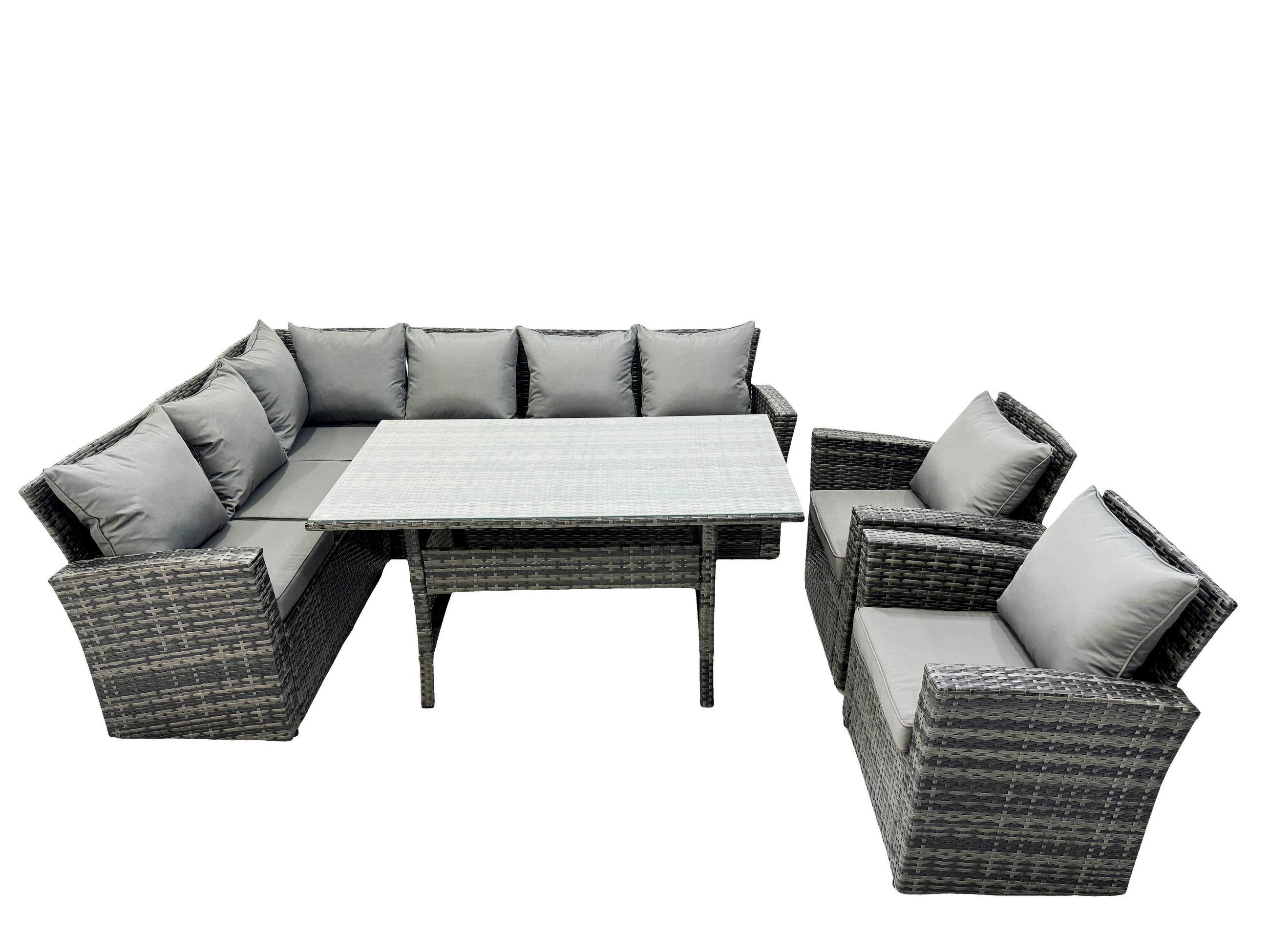 GARTENLOUNGE mit Ecksofa Polyrattan Dunkelgrau 8-Sitzer - Dunkelgrau/Grau, Glas/Kunststoff - Fimous