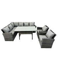 GARTENLOUNGE mit Ecksofa Polyrattan Dunkelgrau 8-Sitzer - Dunkelgrau/Grau, Glas/Kunststoff - Fimous
