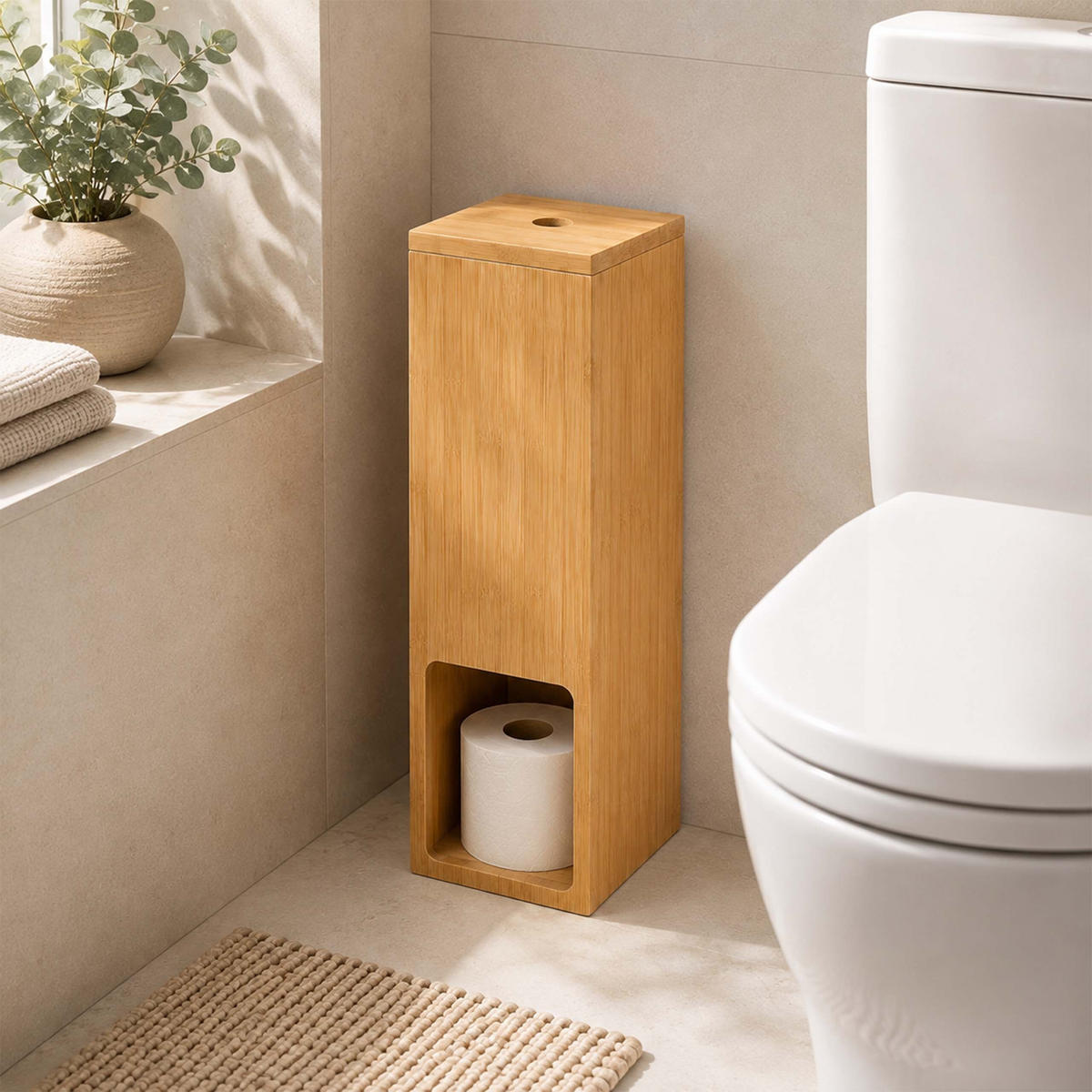 ZÁSOBNÍK Přírodní bambus pro 4 role - světle hnědá, dřevo (14/46.5/14cm) - Relaxdays