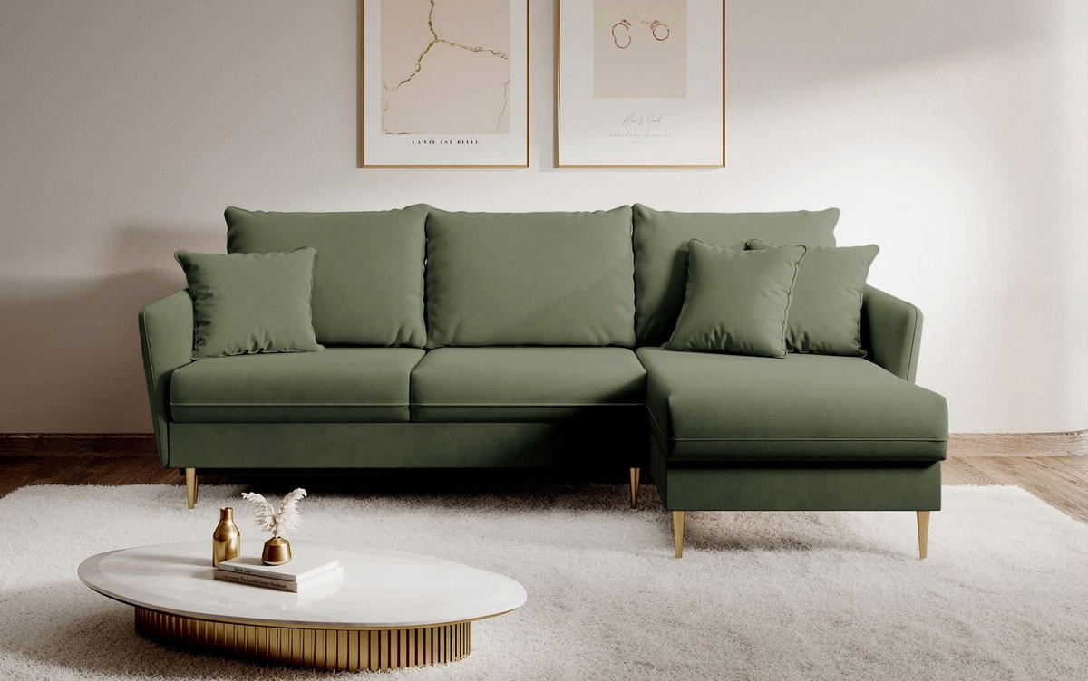 ECKSOFA Volio Salbeigrün Samt - Goldfarben/Hellgrün, Textil/Metall (223/145cm) - Selsey