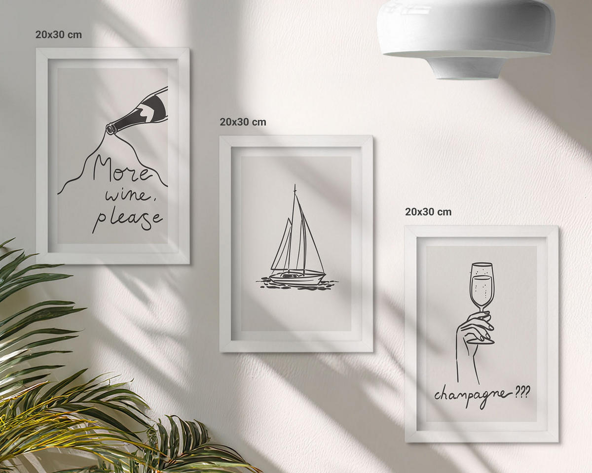 BILDER SET 3er Set - 20x30 cm Weißer Rahmen - Weinsegelboot-Glas-Linienzeichnung - Weiß, Kunststoff (20/30cm) - TULUP
