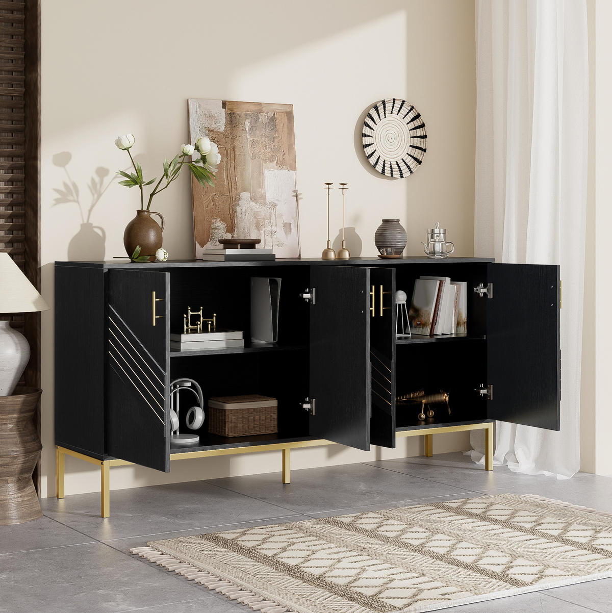 SIDEBOARD 160/40/80,5 cm in Schwarz mit 4 Türen und verstellbaren Einlegeböden - Schwarz, Holzwerkstoff (160/80.5/40cm) - Flora Grace