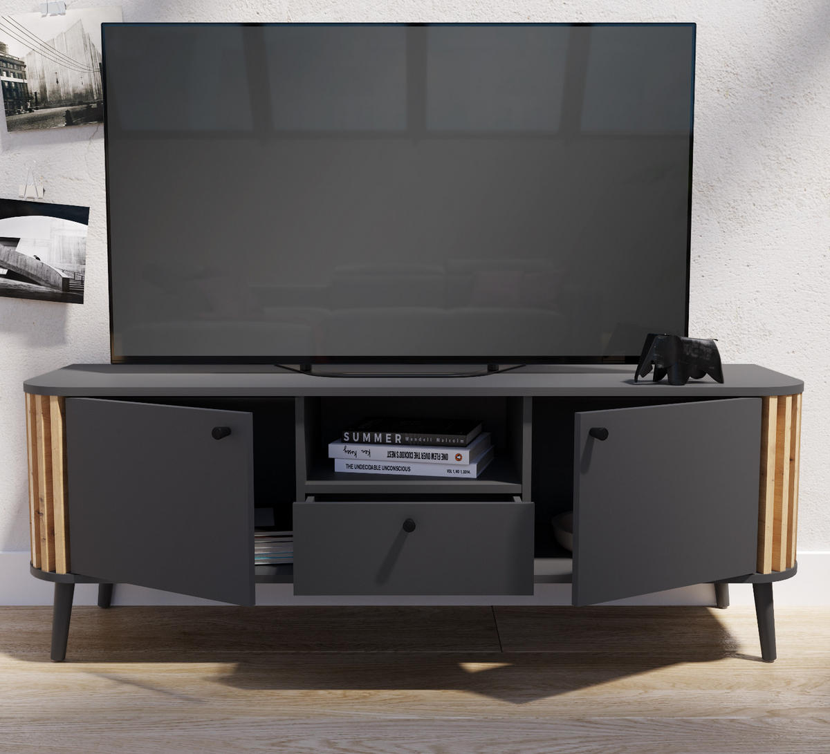 TV-LOWBOARD grau, Eiche Artisan 138 cm, Fernsehtisch mit 3D-Lamellen - Dunkelgrau/Schwarz, Holzwerkstoff/Metall (138/50/40cm) - Inn.Furn