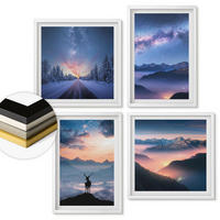 WANDBILDER 4er-Set - 50x50 cm & 40x60 cm Weißer Rahmen - Nachthimmel Berge Nebel Hirsch - Weiß, Kunststoff (50/50cm) - ArtPrintCave