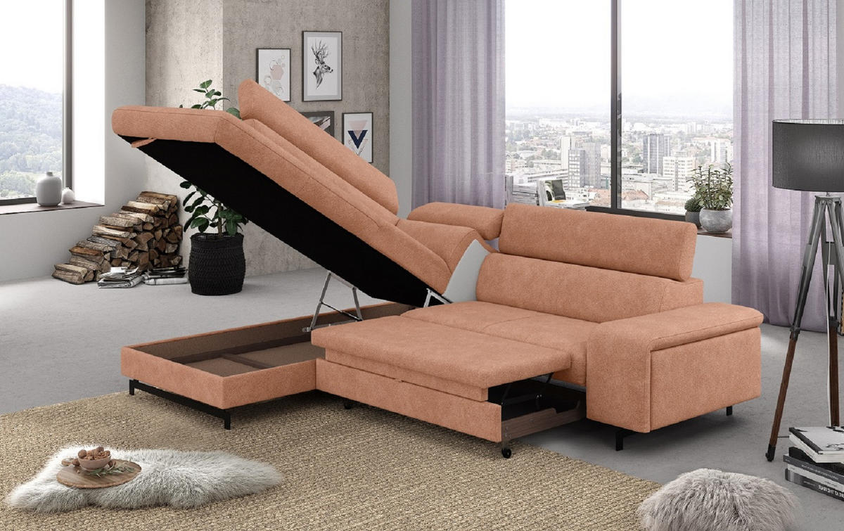 ECKSOFA mit Schlaffunktion und Bettkasten - Schwarz/Kupferfarben, Kunststoff/Textil (262/215cm) - Cotta