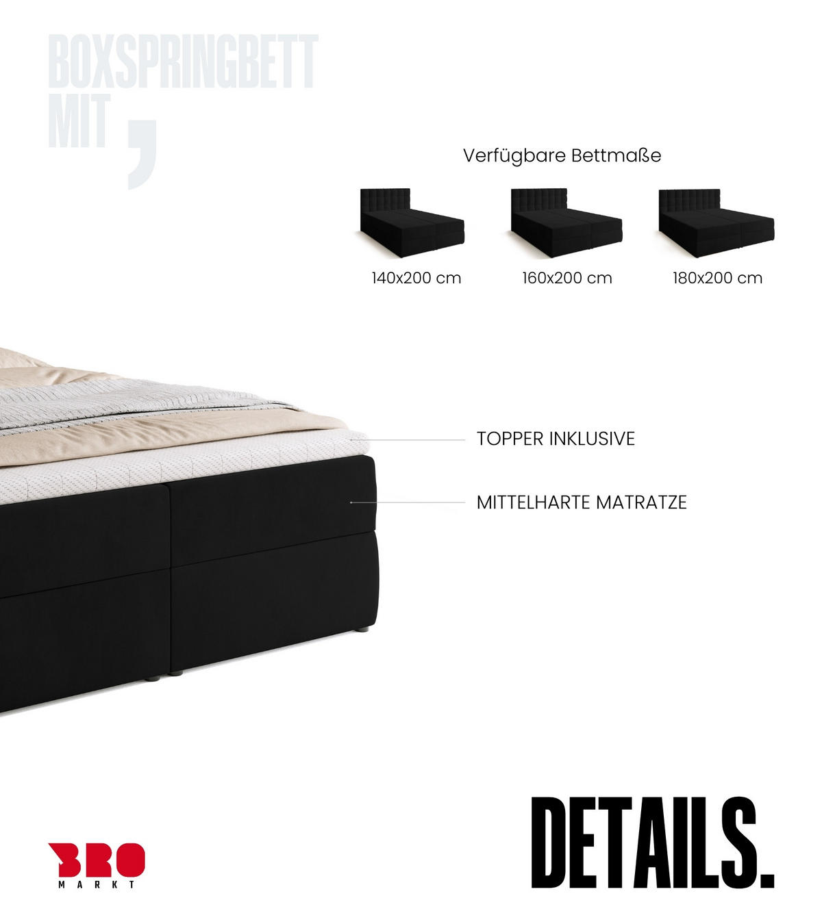 BOXBETT Detroit mit Topper 140/200 Schwarz - Schwarz, Holzwerkstoff/Textil (140/200cm) - Bromarkt