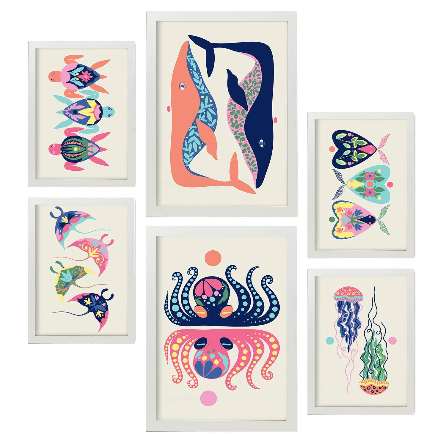 POSTER Set Mit 6 Kreaturen Frames 2 In Tiere Abstracts Ästhetische Dekorative Gemälde Für Ihr Wohnzimmer, Schlafzimmer, Zuhause A3 & A4 Weißer Rahmen - Weiß, Papier (29/3cm) - Nacnic