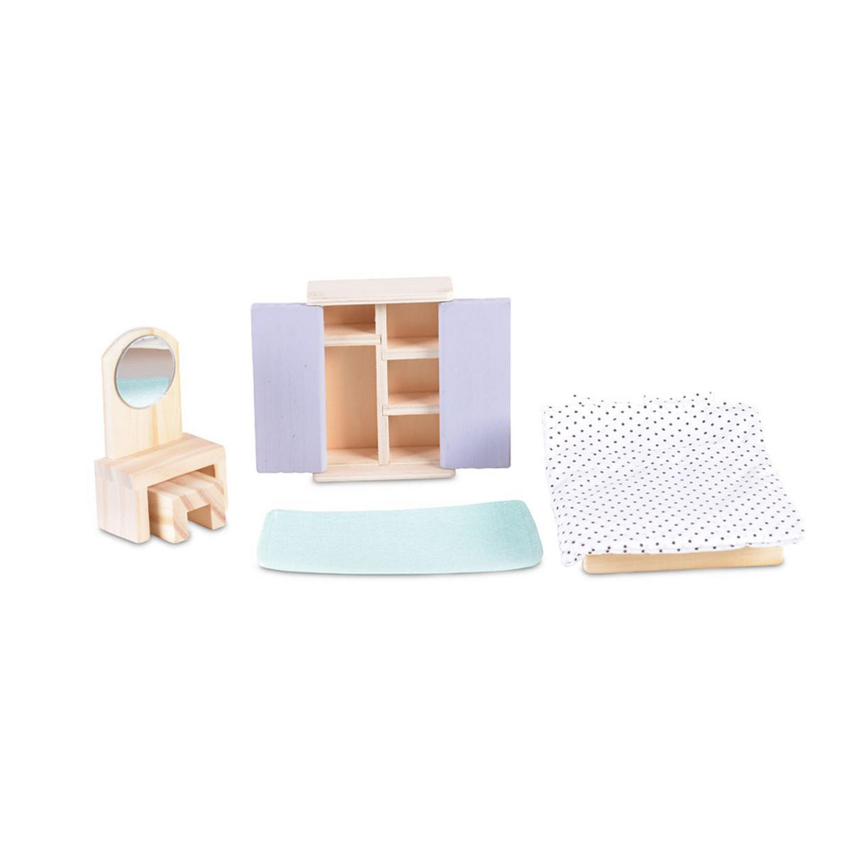 PUPPENMÖBEL Schlafzimmer 4012 bunt Holz, Schlafzimmer-Set, Bett, Schrank, Schminktisch, Stuhl, Teppich - Multicolor, Holz (10/5/15cm) - Moni