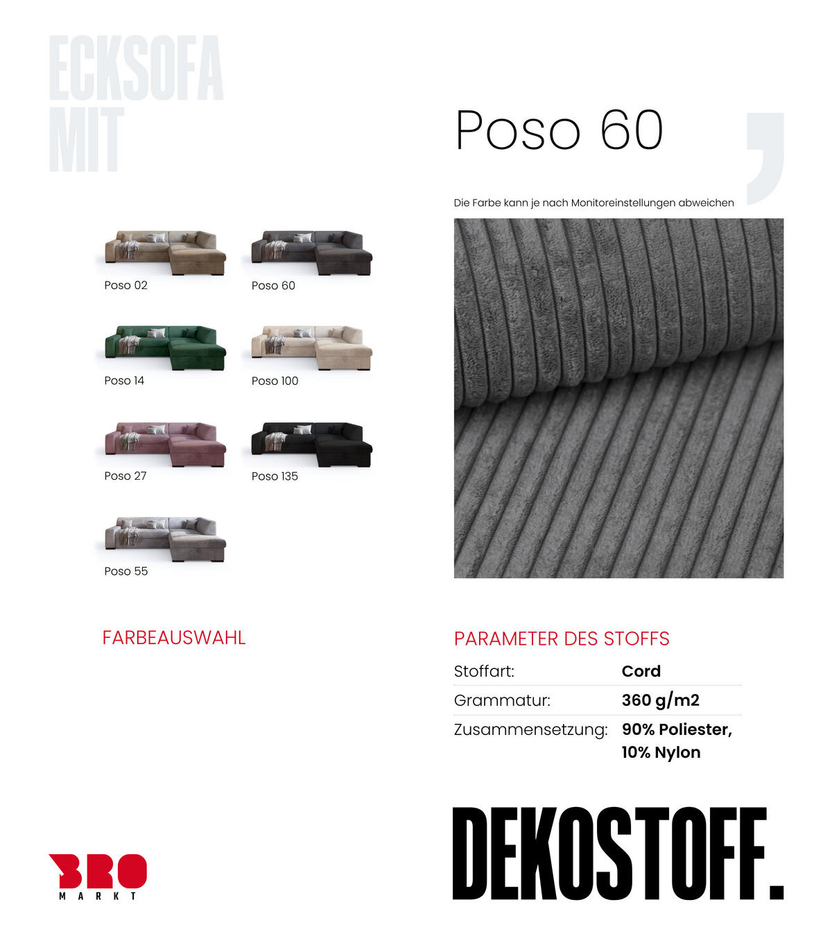 ECKSOFA mit Schlaffunktion Cordstoff MILENZO Grau Links - Grau, Holz (260/175cm) - Bromarkt