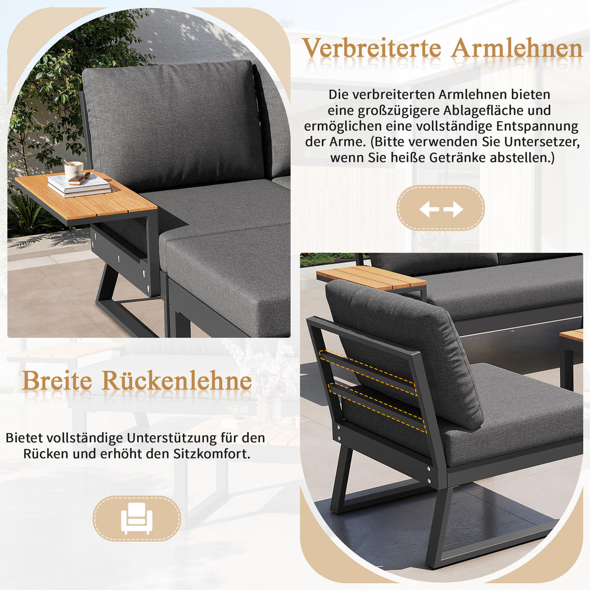 LOUNGESET, 7 Personen, Eisen, Ecksofa, Holztisch, Grau - Grau, Metall - FLIEKS