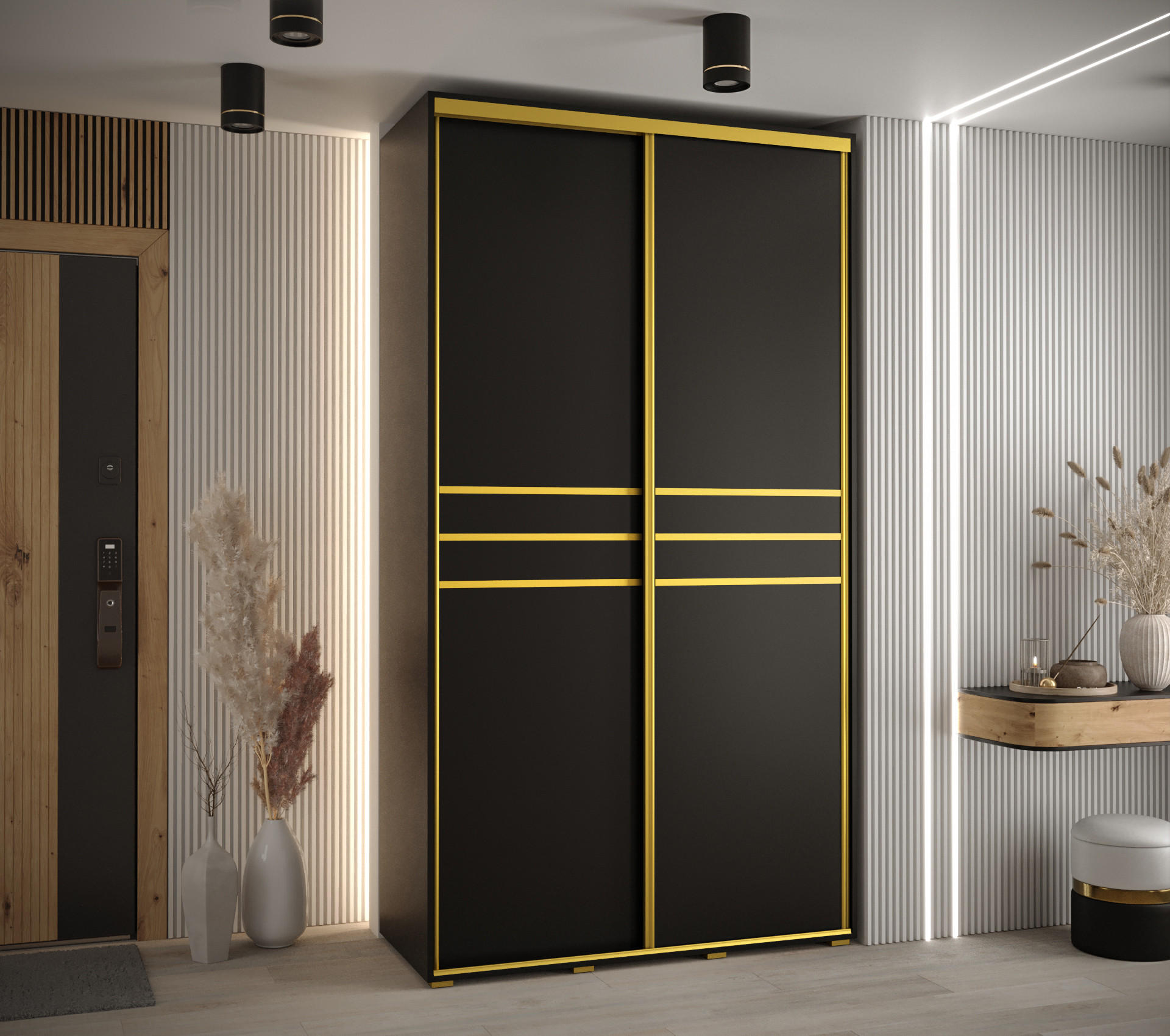 SCHWEBETÜRENSCHRANK 235,2/140/45 2-türig - Goldfarben/Schwarz, Holz/Metall (140/235/45cm) - Abiks Möbel