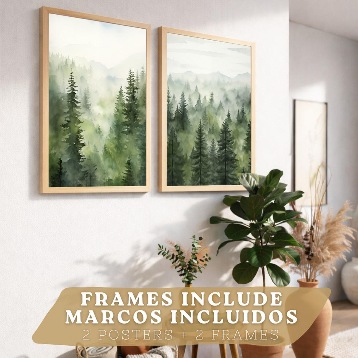 PLAKAT Sada 2 dekorativních tisků Nordic Forest Landscape obývák Obrázky - Zelené dekorativní plakáty Dekorace ložnice Obývák A4 světlý dřevěný rám - béžová, papír (29.7/42/3cm)