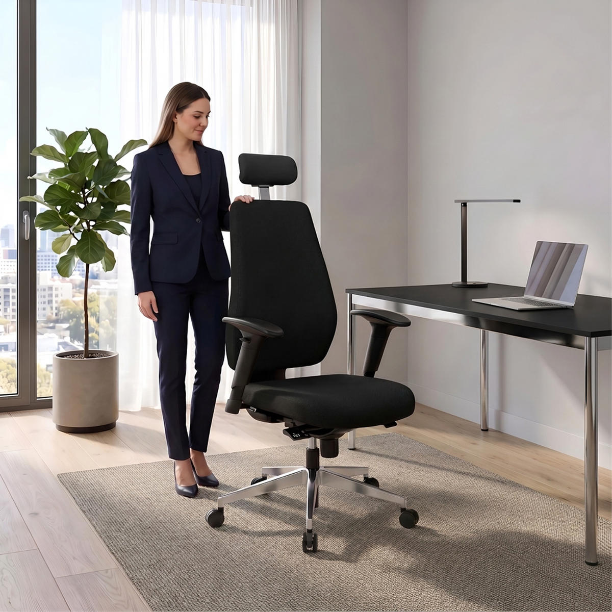 CHEFSESSEL V1404 Stoff Schwarz - ergonomisch, 150 kg belastbar, Sitzhöhe 44-57cm - Schwarz, Kunststoff/Textil (65/131/64cm) - Versee