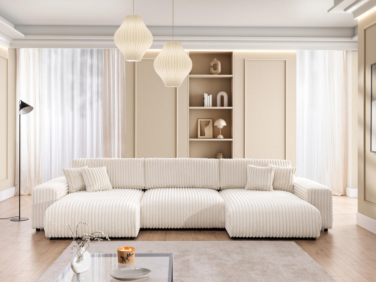 WOHNLANDSCHAFT Mollis Hellbeige Plüschcord mit Schlaffunktion - Beige/Schwarz, Holz/Kunststoff (350/77/168cm) - S-Style Möbel